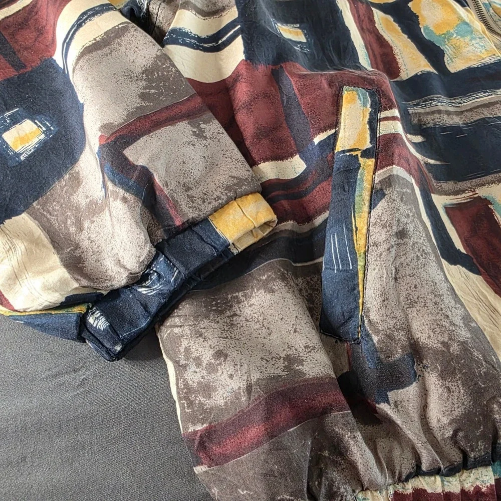 Vintage 90s Silk Bomber Jacket Abstract Geometric Large Maximalist 80s Eclectic
